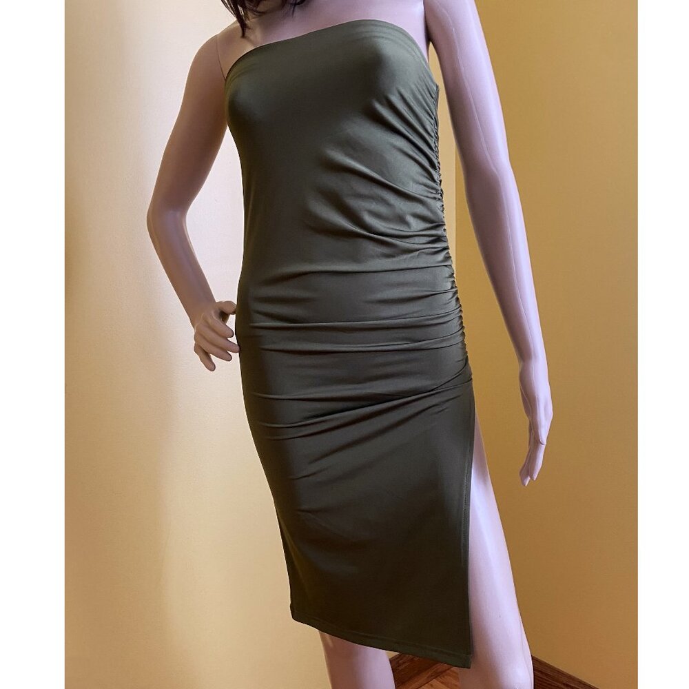 Olive green bodycon ruched strapless tube dress